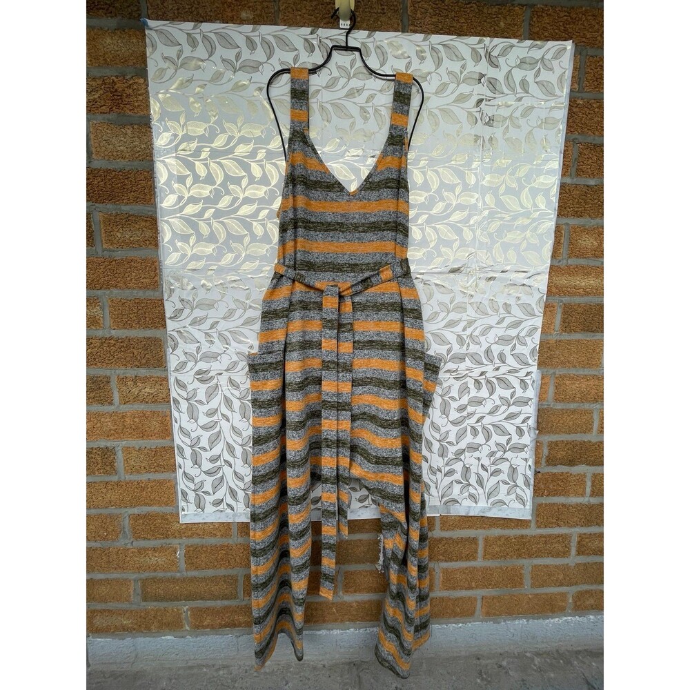 Free People Striped Cozy Knit Jumpsuit Lagenlook Boho Drop Crotch Pocket L